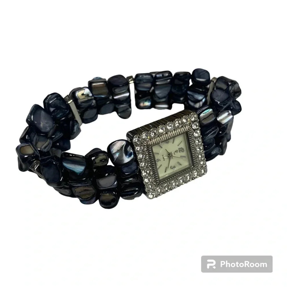 Women’s stretchy watch bracelet dark blues stones and square face